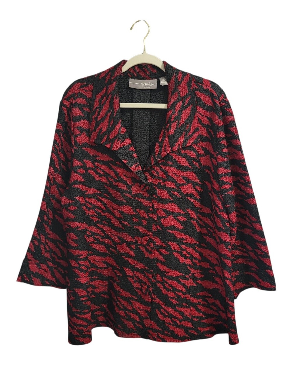 Chico's Travelers Button Up Jacket Sz 3 USA XL Red Black Zebra Animal Print Work